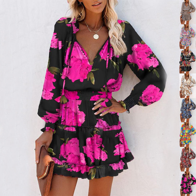 Patchwork Puff Sleeve Waist Dresses