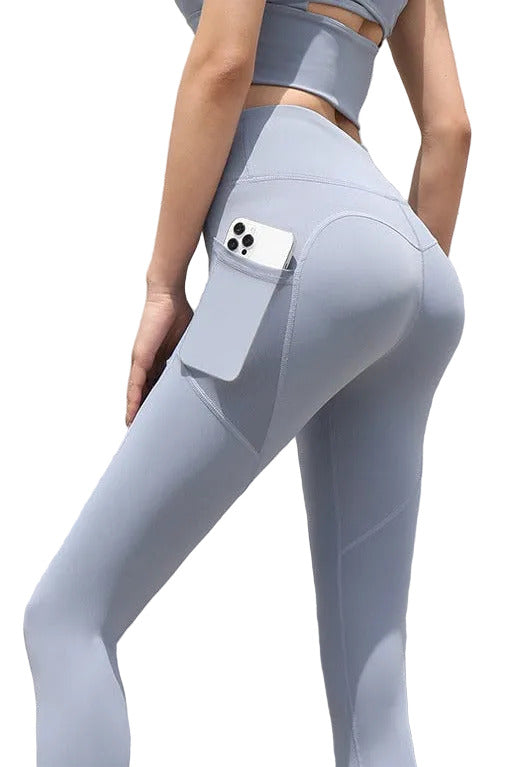 A collage of images showcasing running yoga pants in various colors, with an emphasis on the pants' design features such as high-waist fit and pockets.