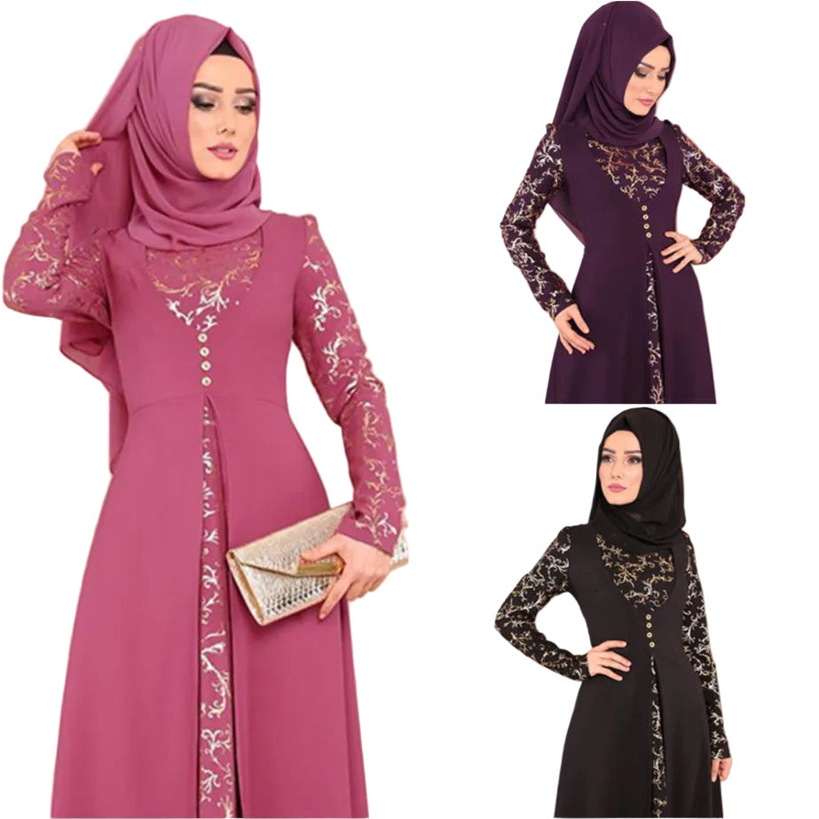 Three women wearing different colored abayas with lace details on a beige background.