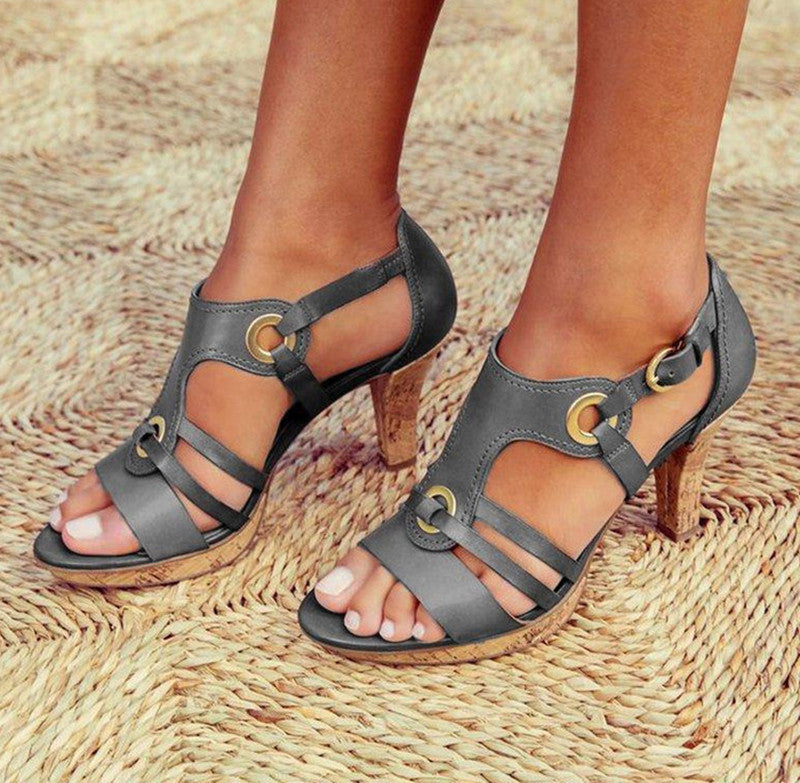 High Heel Leather Stitching Sandals
