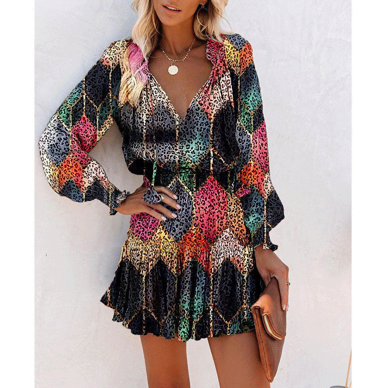 Patchwork Puff Sleeve Waist Dresses