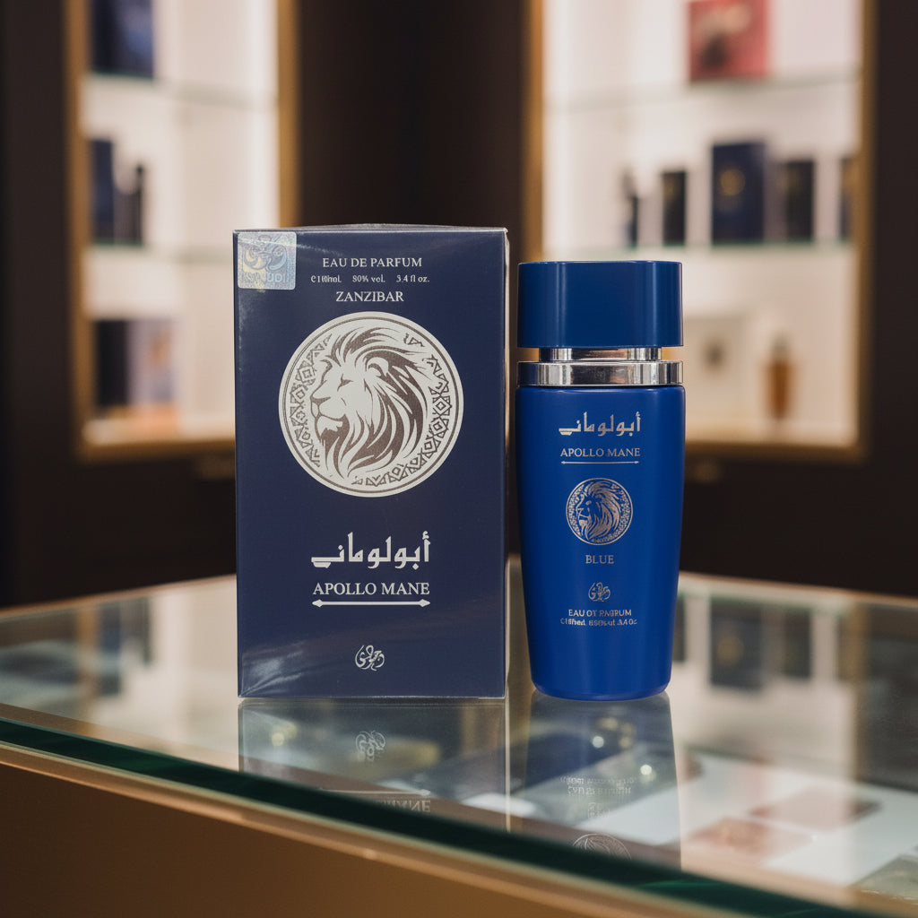 A blue boxed perfume and matching blue bottle labeled Apollo Mane Zanzibar Eau de Parfum, displayed on a shelf with other products in the background.
