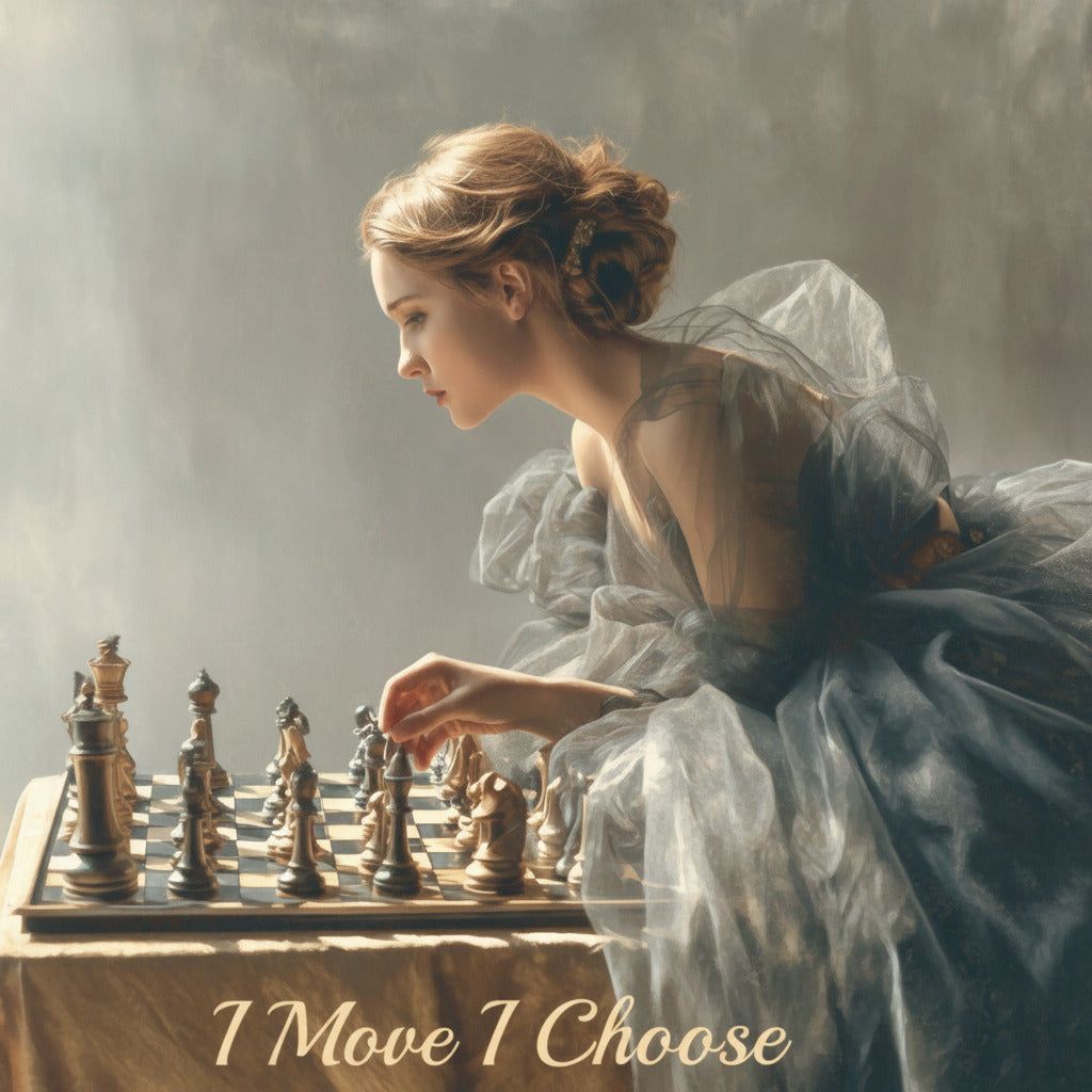 Woman in a historical dress playing chess with the text 'I Move I Choose' on a draped table.