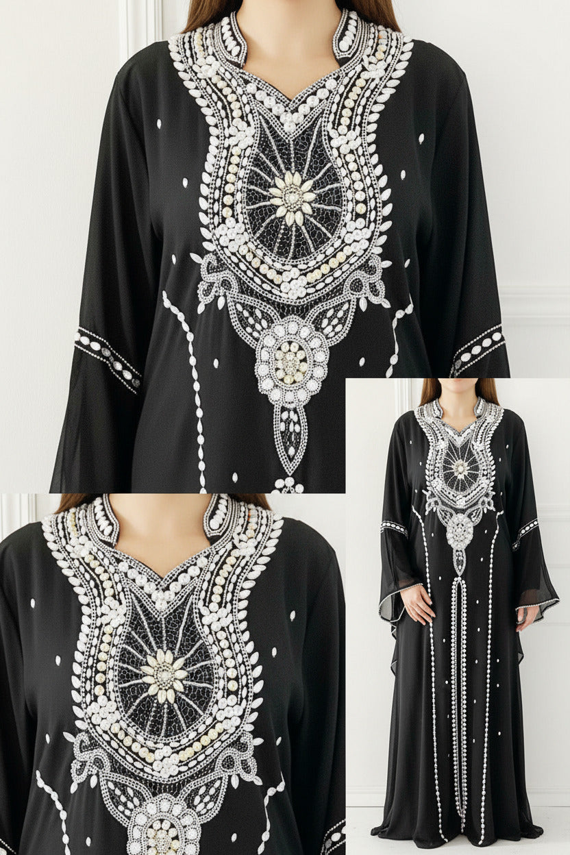 collage of images of the Black Beaded Qatari Abaya - TTP