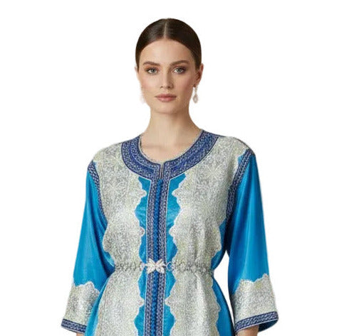 woman wearing a blue silver kaftan