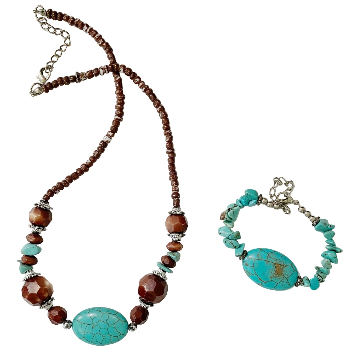 A turquoise necklace and bracelet set with brown beads, displayed against a white background