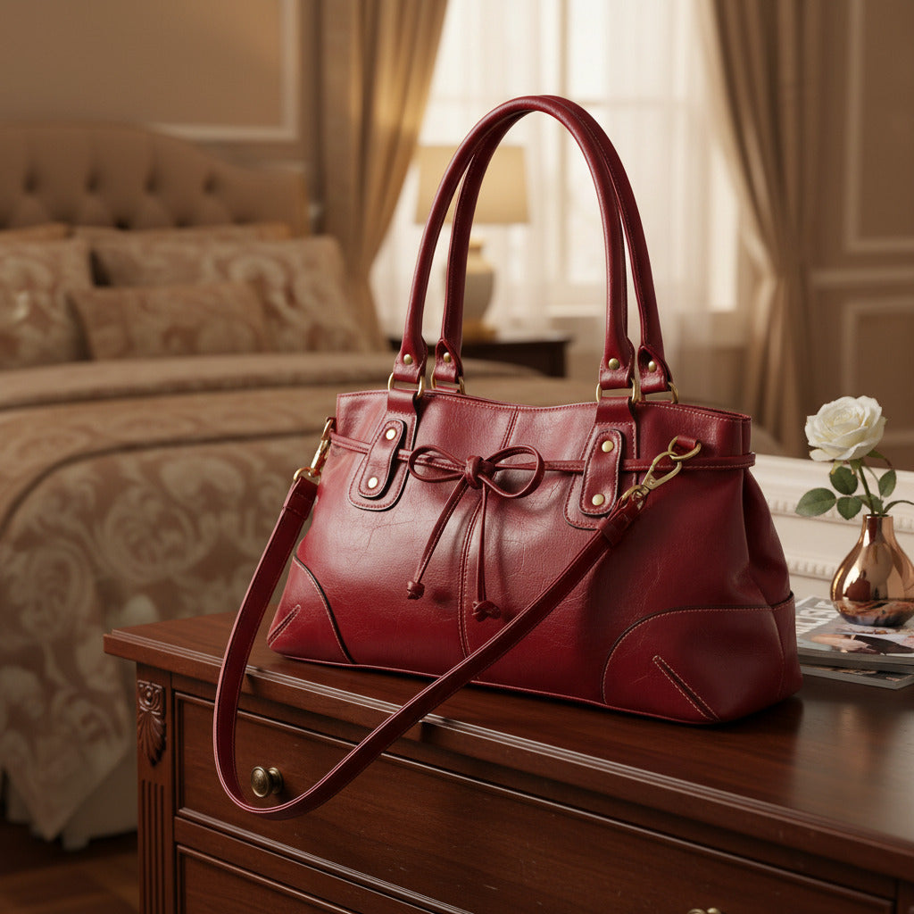 A red leather shoulder bag with dual top handles, decorative strap details, and brass-tone hardware, shown on a plain white background.