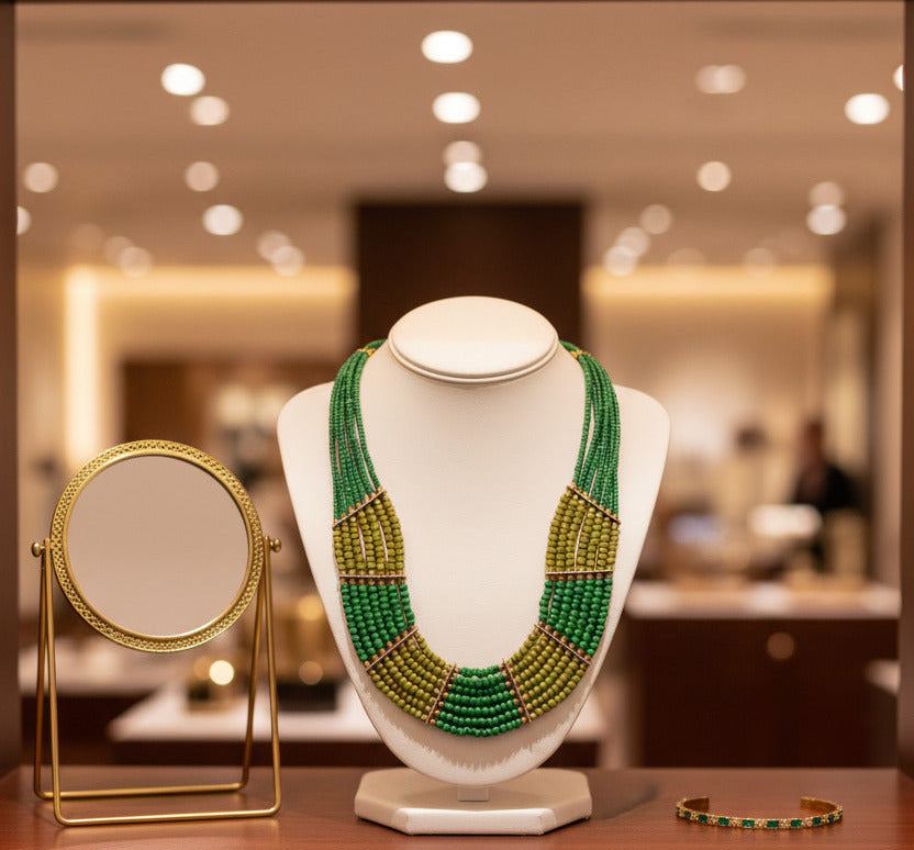 A multi-strand beaded statement necklace featuring shades of green and olive green beads accented with small gold spacer rings, displayed on a clean white background.