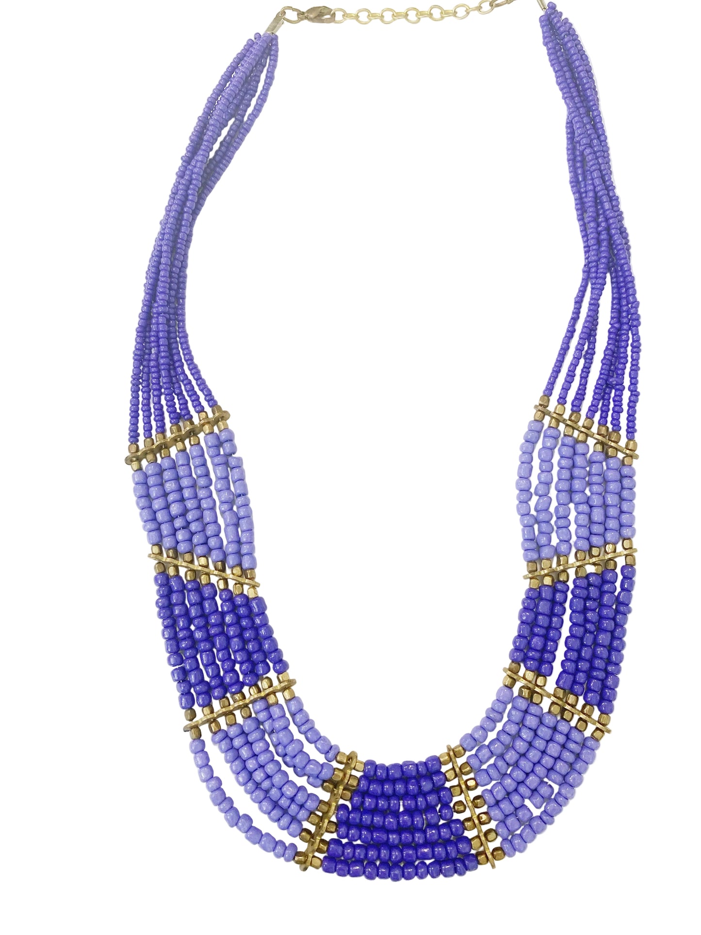 A two-tone purple beaded choker necklace with gold-colored bead caps.