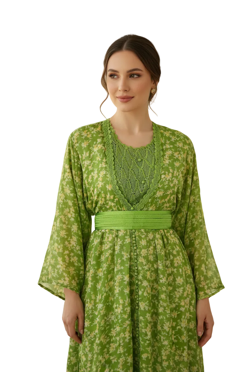 A person wearing a traditional green silky two-layer 'Randa' kaftan with crocheted details and a belt.