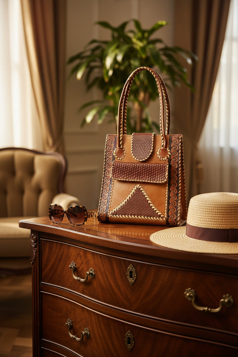 A brown leather handbag with intricate tooled and braided details, featuring dual top handles, a front flap pocket, and a geometric patterned lower section, shown against a plain white background.