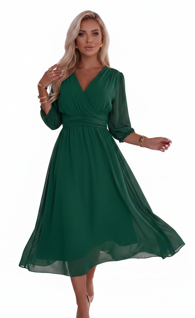 woman in green long sleeve V neck dress-TTP