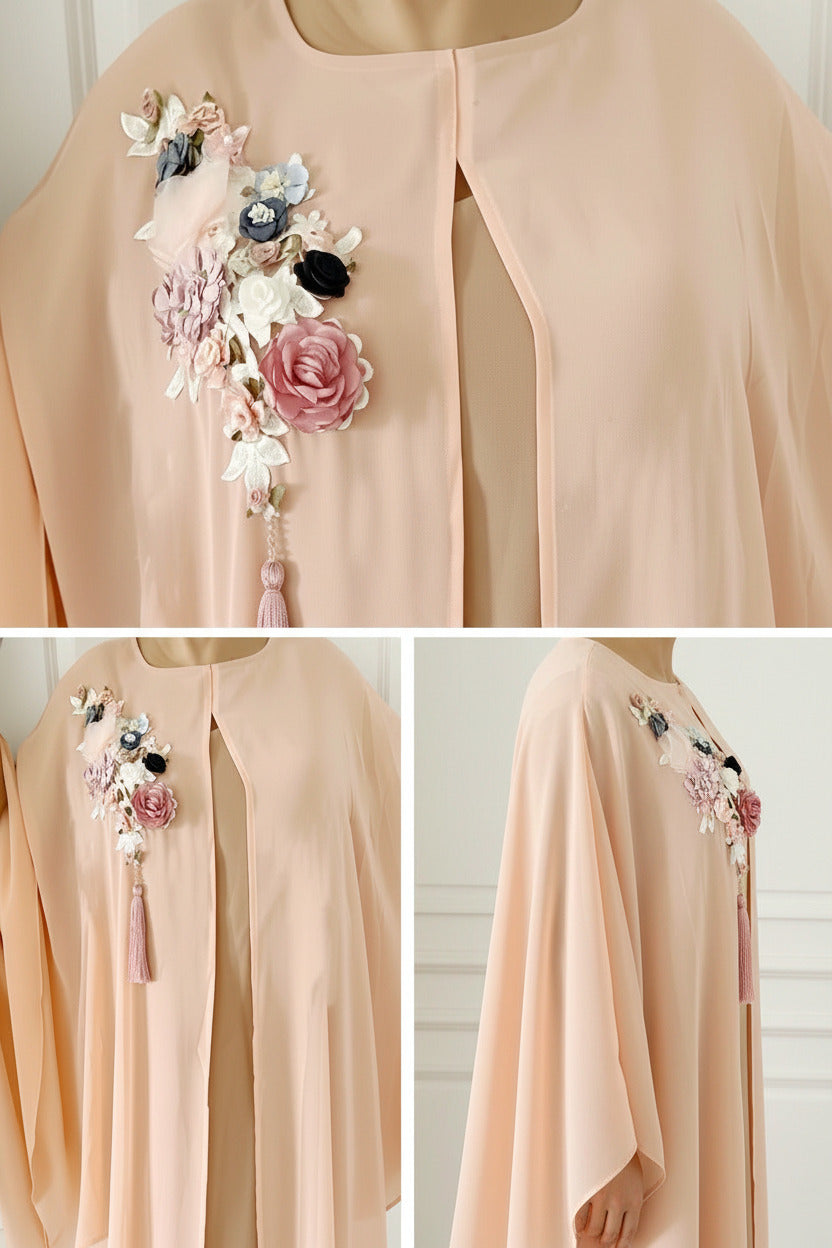 a collage of images of a long, flowing peach Abaya dress with floral embroidery against a neutral background