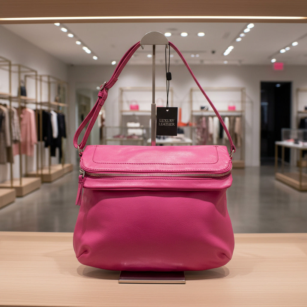 A bright pink faux-leather shoulder bag with a zippered top closure and an adjustable shoulder strap, shown against a plain white background.
