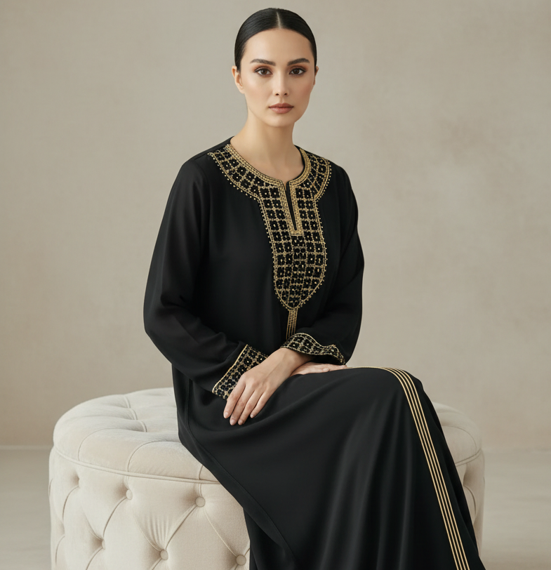 Woman wearing a black dress with gold embroidery against a gray background