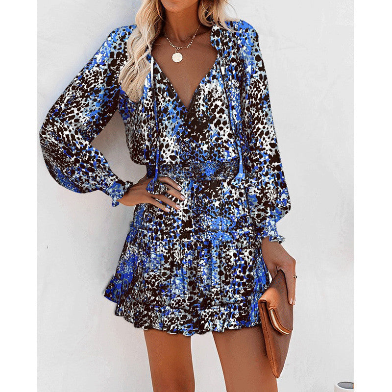Patchwork Puff Sleeve Waist Dresses