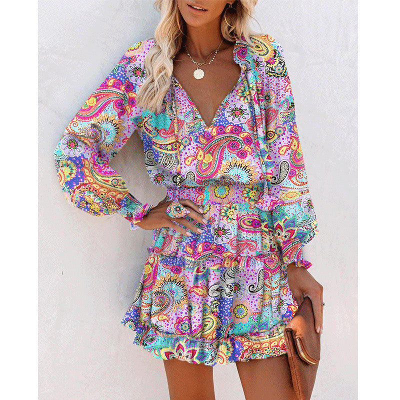 Patchwork Puff Sleeve Waist Dresses
