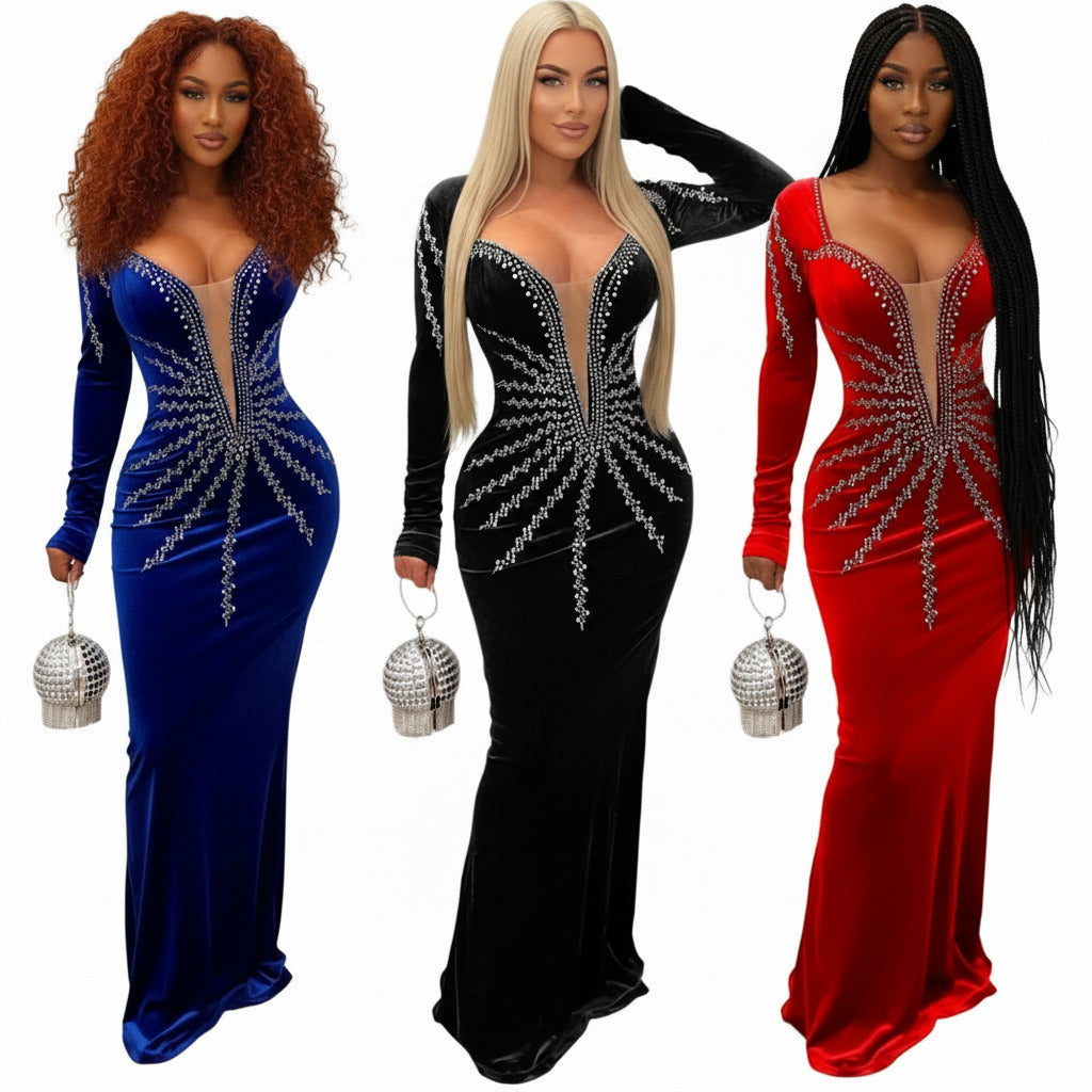 Women's Long Sleeve Velvet Fishtail Dress – Geometric Pattern Evening Gown