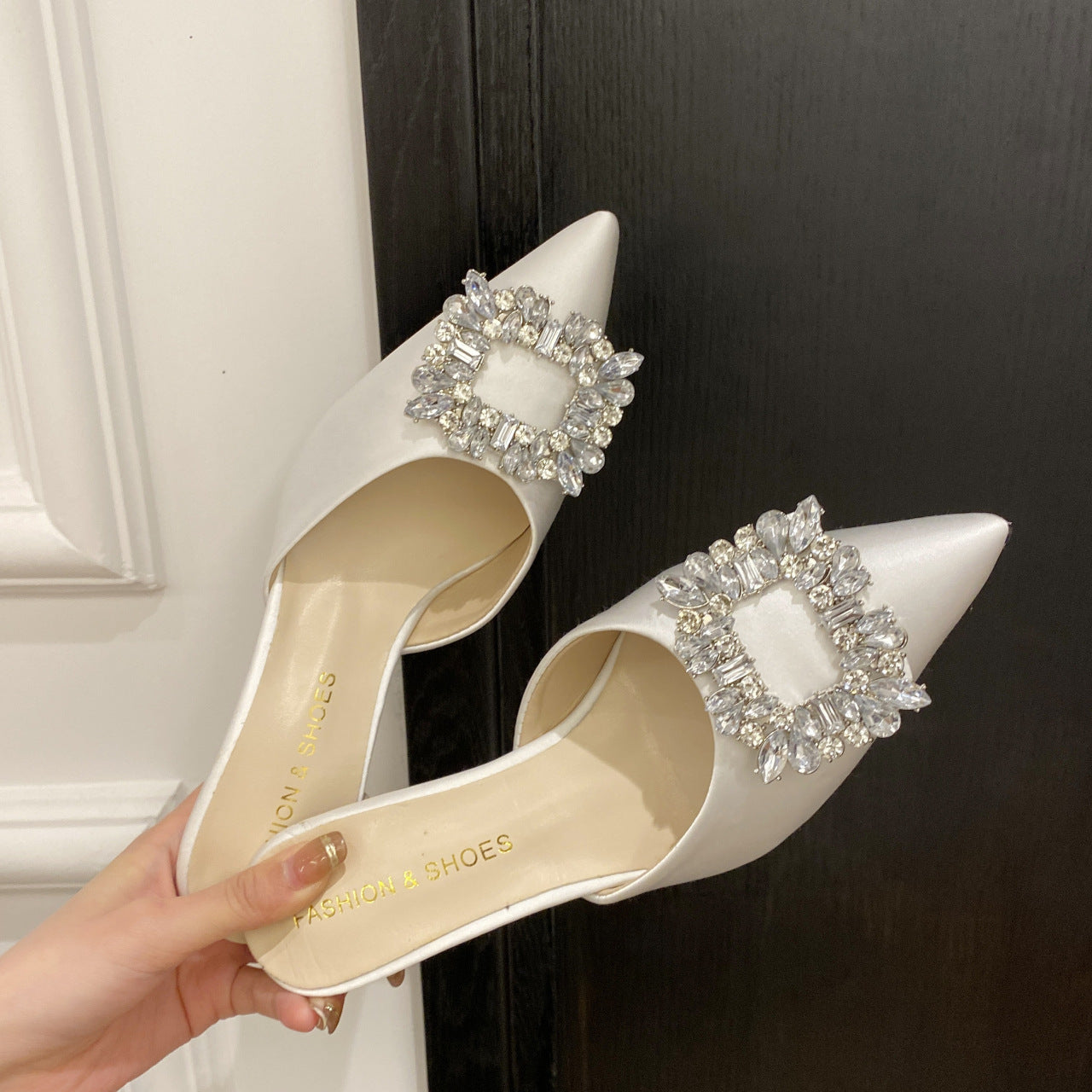 Square Buckle Rhinestone Half Slippers