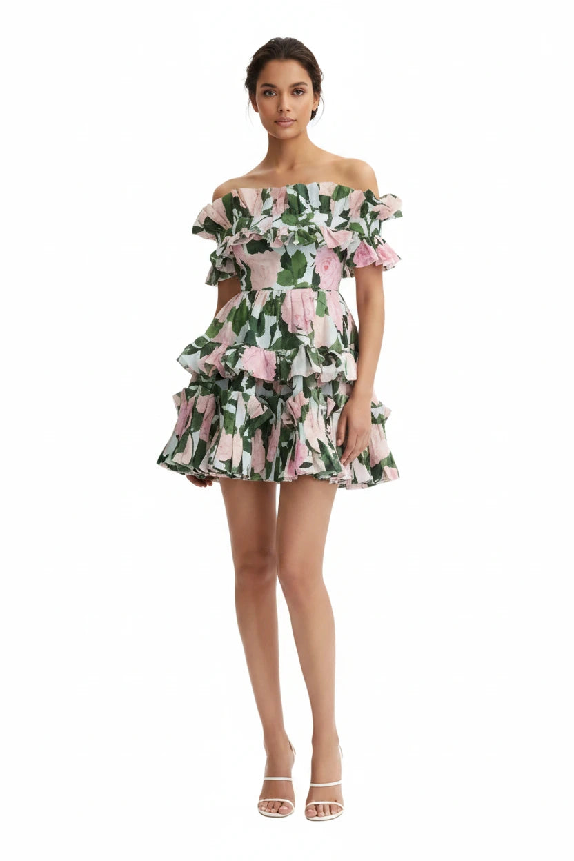 Women's Floral Ruched Summer Dress – Feminine Midi Dress in Green Floral Print