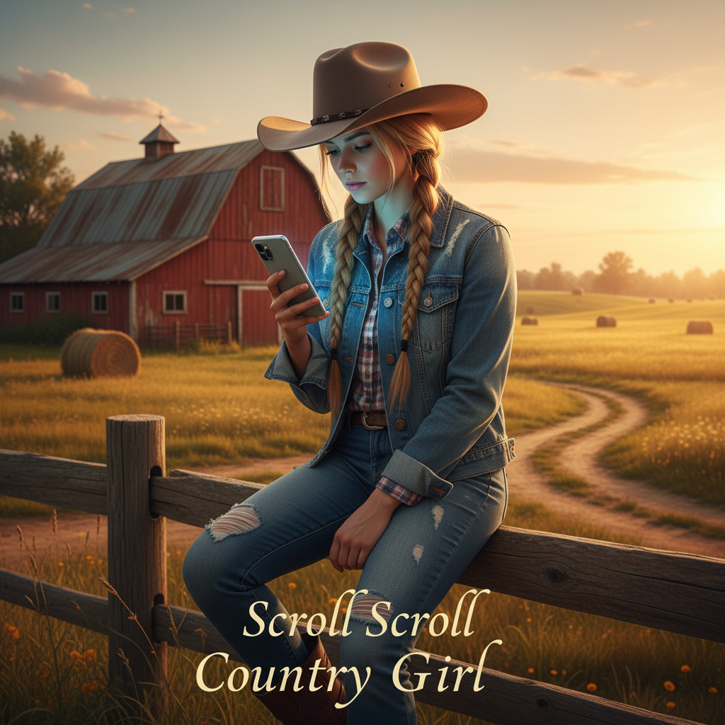 Woman in cowboy hat sitting on a fence with a phone, red barn in the background