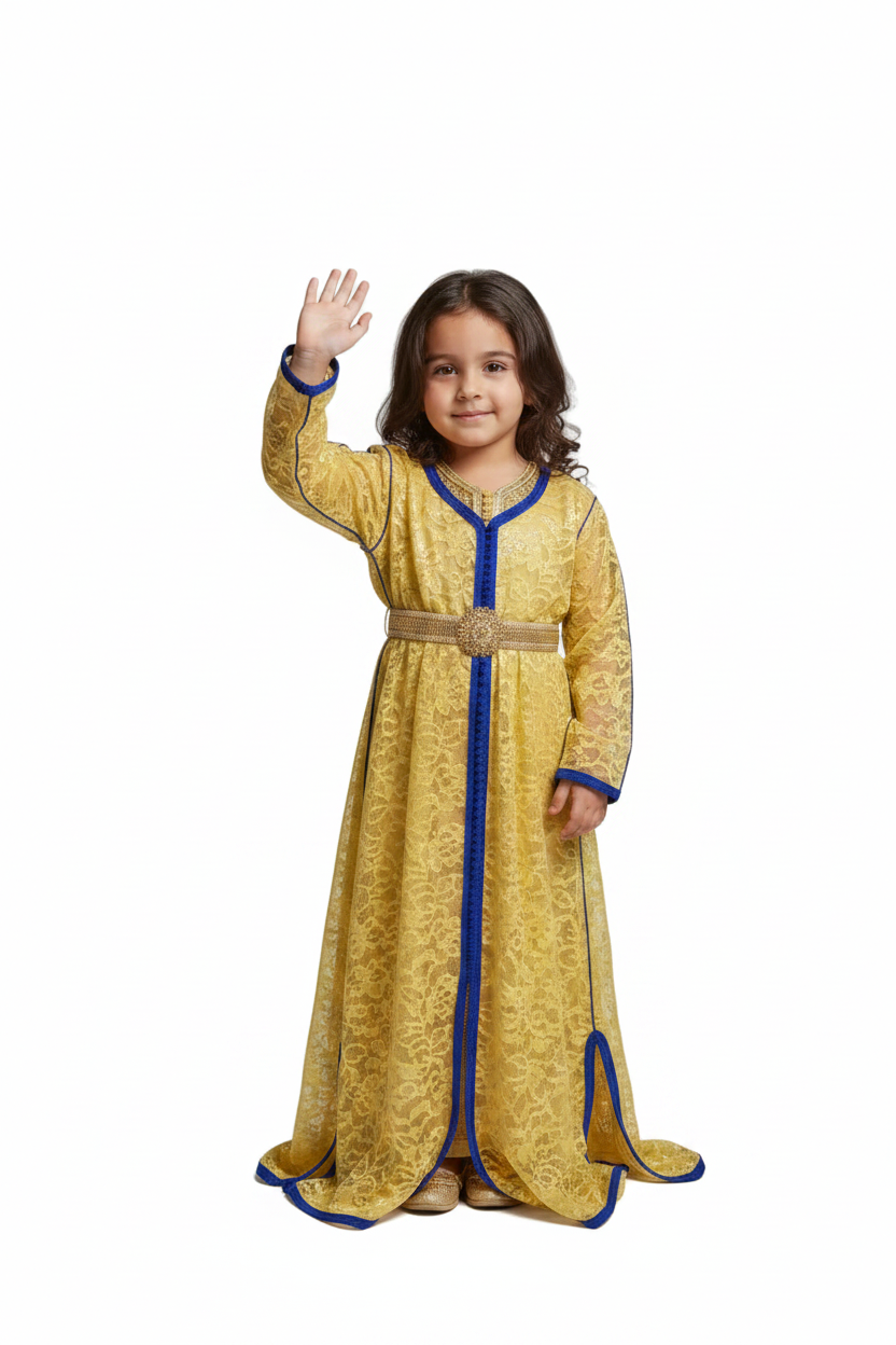 Child wearing a yellow and blue traditional outfit on a plain background