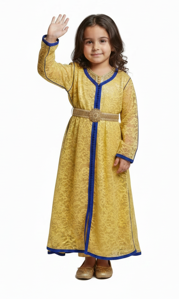 Child wearing a yellow and blue traditional outfit on a plain background