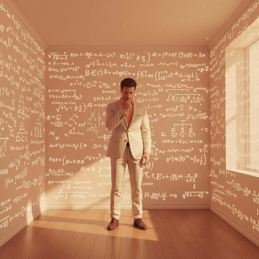 A man standing in a small room surrounded by glowing mathematical formulas on all walls, looking hesitant and contemplative — symbolizing the cognitive pressure of automated systems on the hesitant human mind.