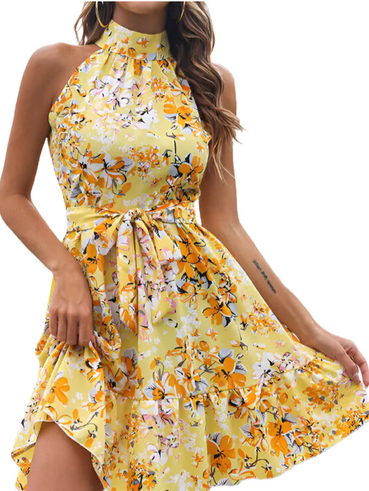 Flowers Print Halterneck Summer Dress