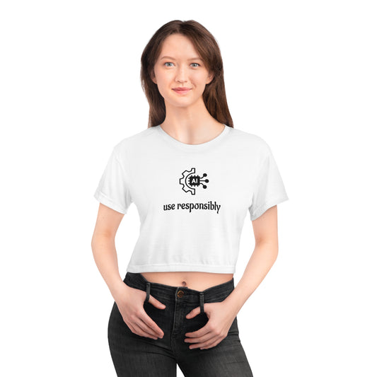 Woman wearing a white t-shirt with a crab design on a white background
