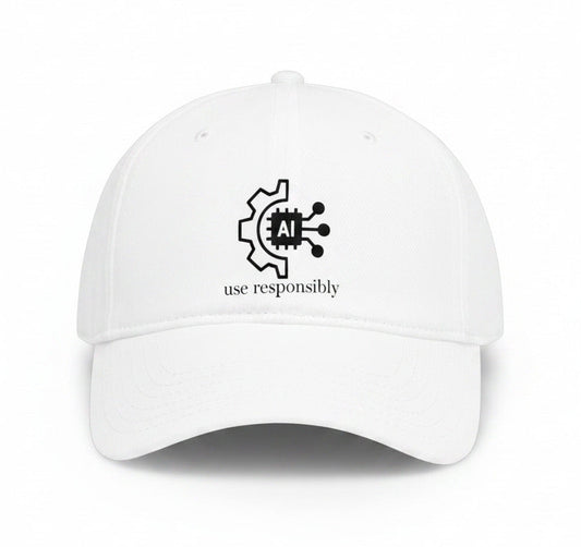 White baseball cap with a black logo on a white background