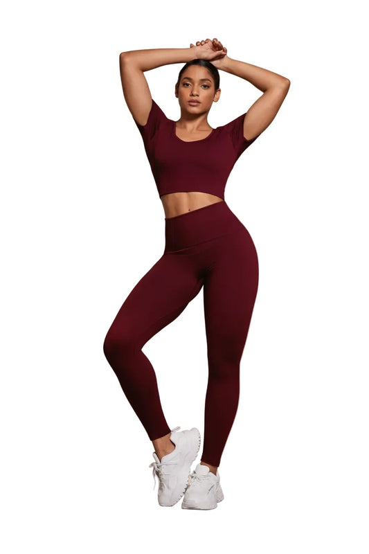 Women's short sleeve top and leggings set burgundy colorway front view coordinated