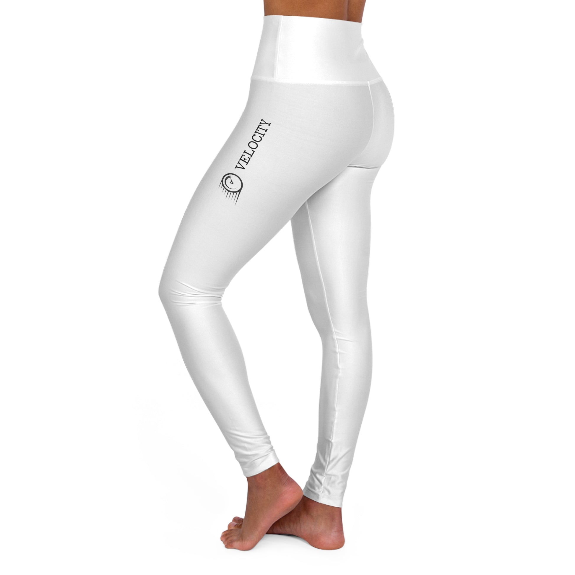 White leggings with 'Velocity' logo on a white background