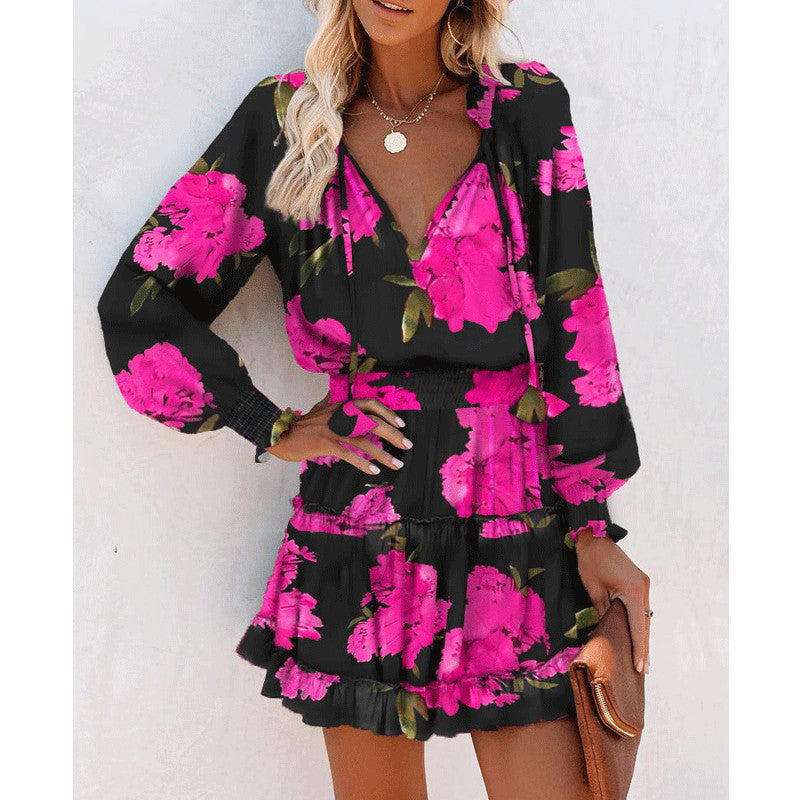 Patchwork Puff Sleeve Waist Dresses
