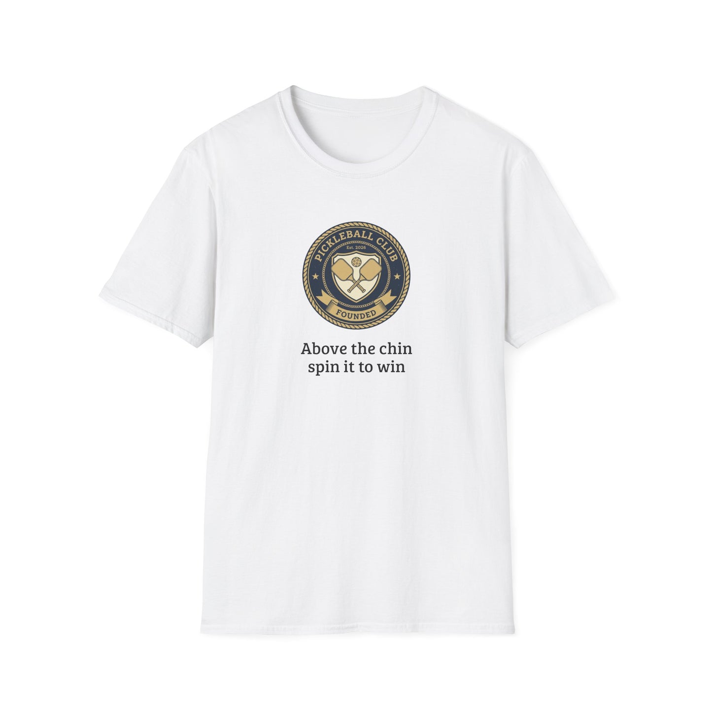 White t-shirt with pickleball club logo and text on a white background