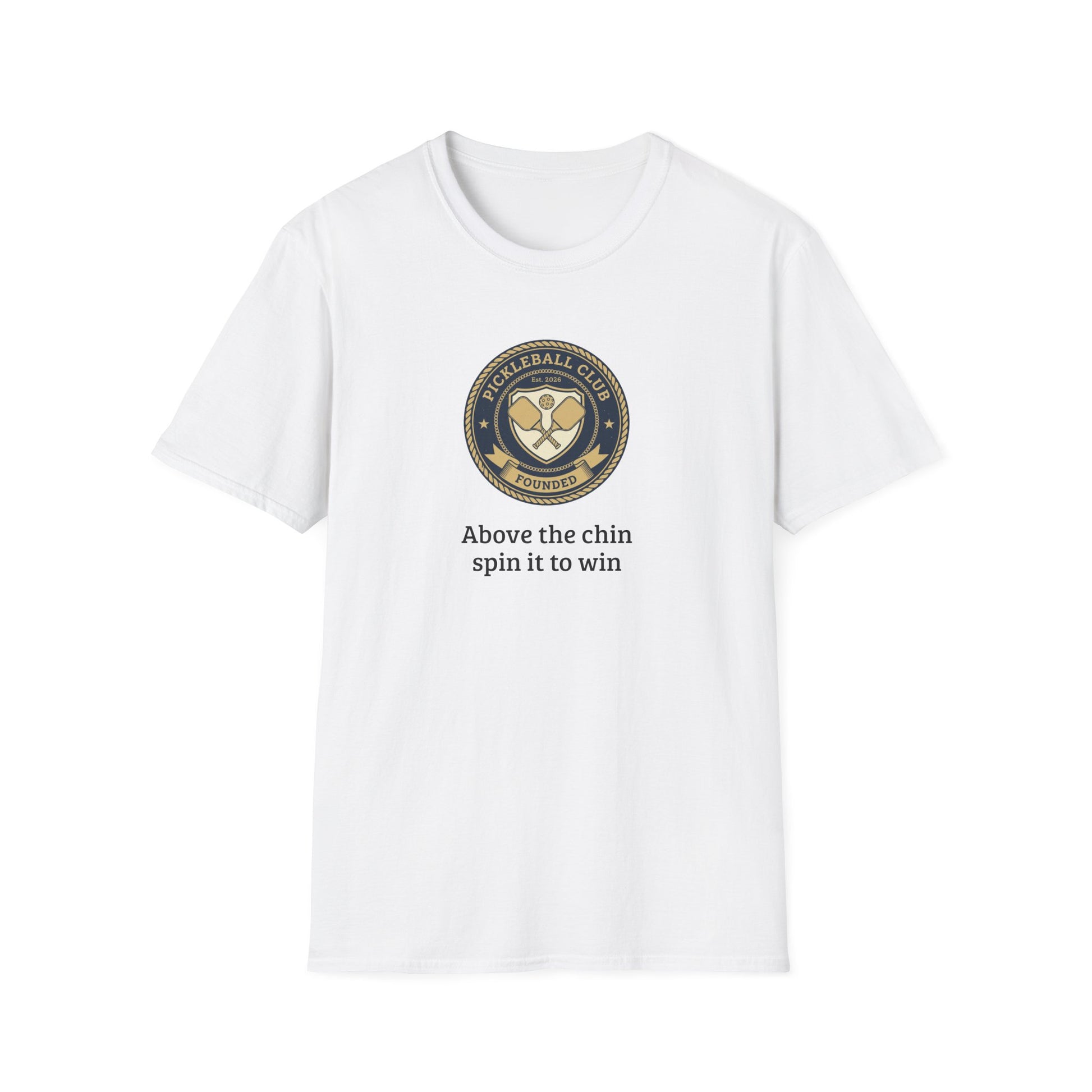 White t-shirt with pickleball club logo and text on a white background