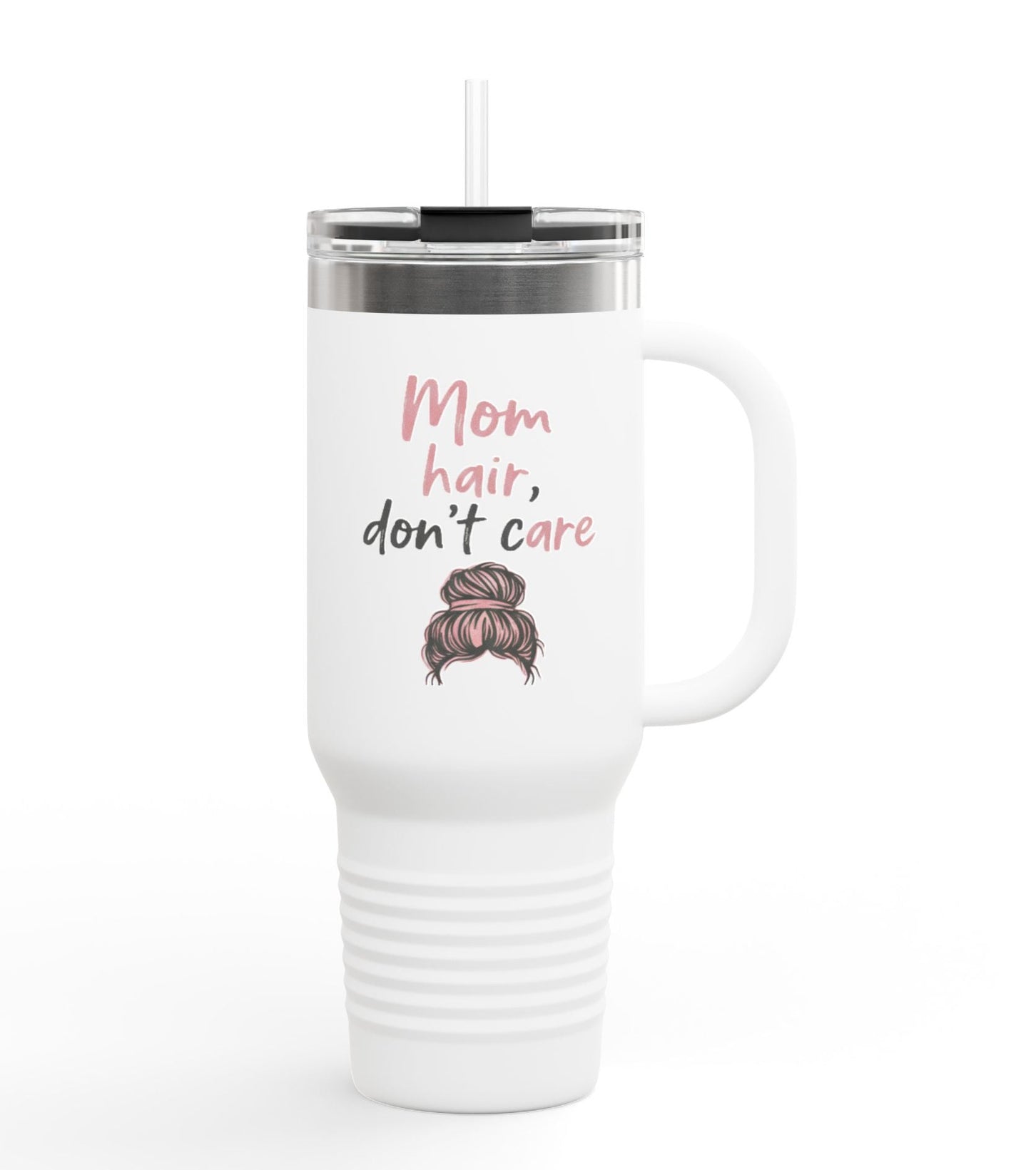 White travel mug with 'Mom hair, don't care' text and hair icon on a white background