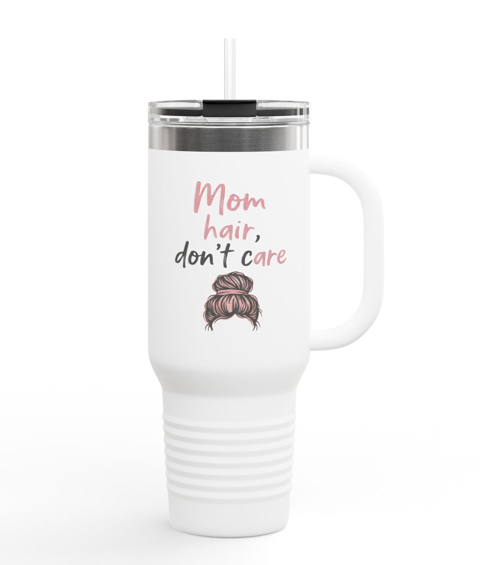White travel mug with 'Mom hair, don't care' text and hair icon on a white background