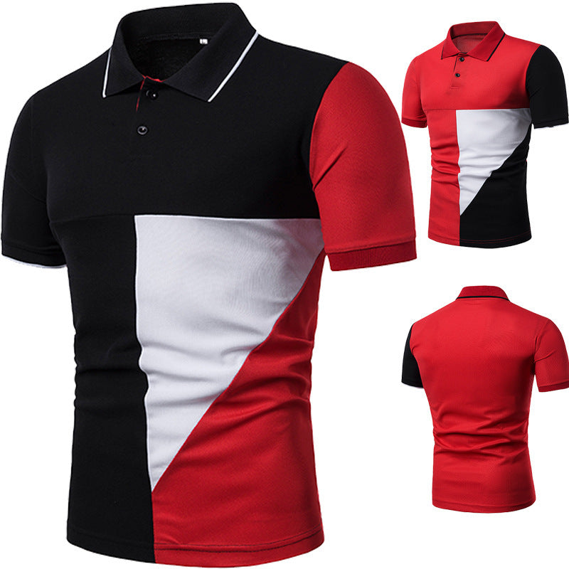 Black, red, and white polo shirt with different views on a white background