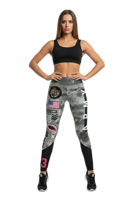 Camouflage leggings with patches and text on a white background