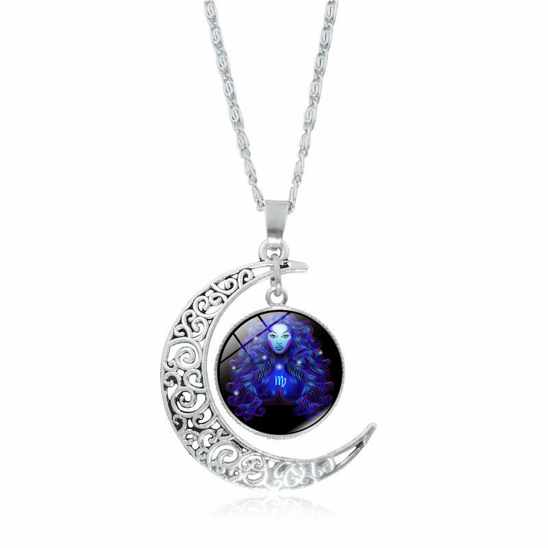 12 constellation time gemstone half moon pendant necklace twelve zodiac European and American jewelry