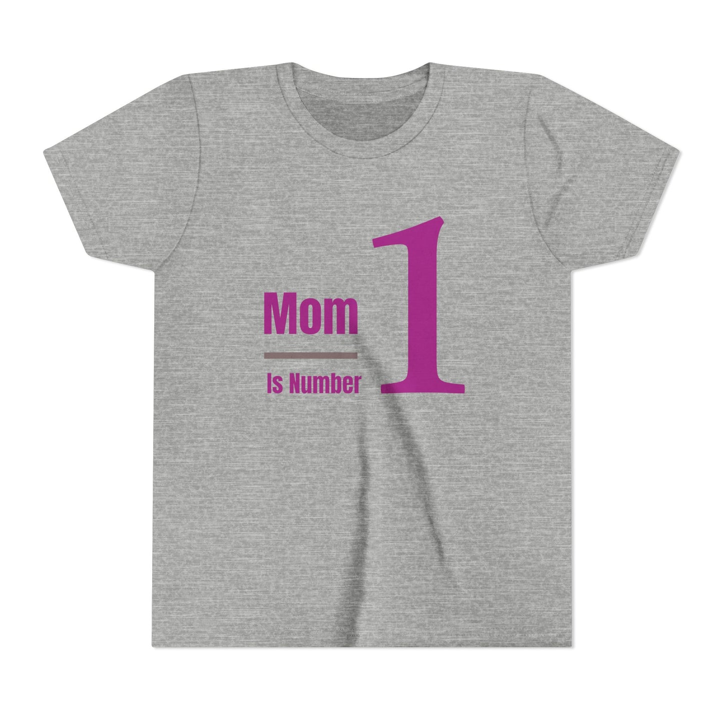 Gray t-shirt with 'Mom is Number One' text in purple on a white background