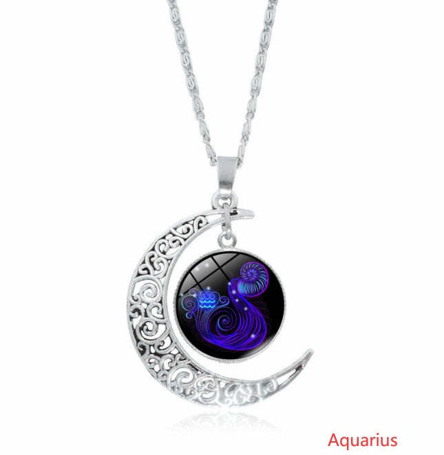 12 constellation time gemstone half moon pendant necklace twelve zodiac European and American jewelry