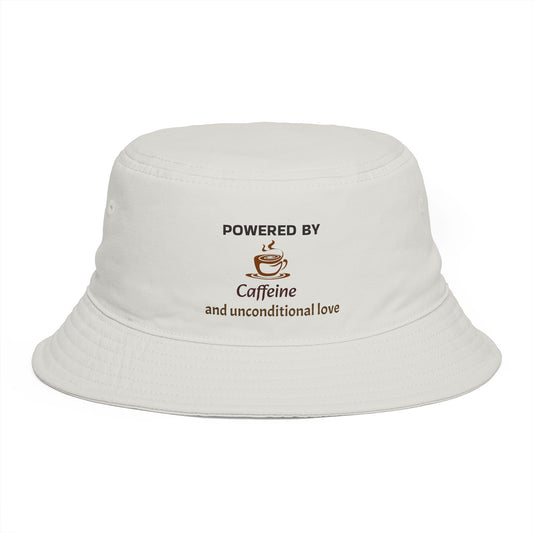 White bucket hat with text 'Powered by Caffeine and unconditional love' on a white background