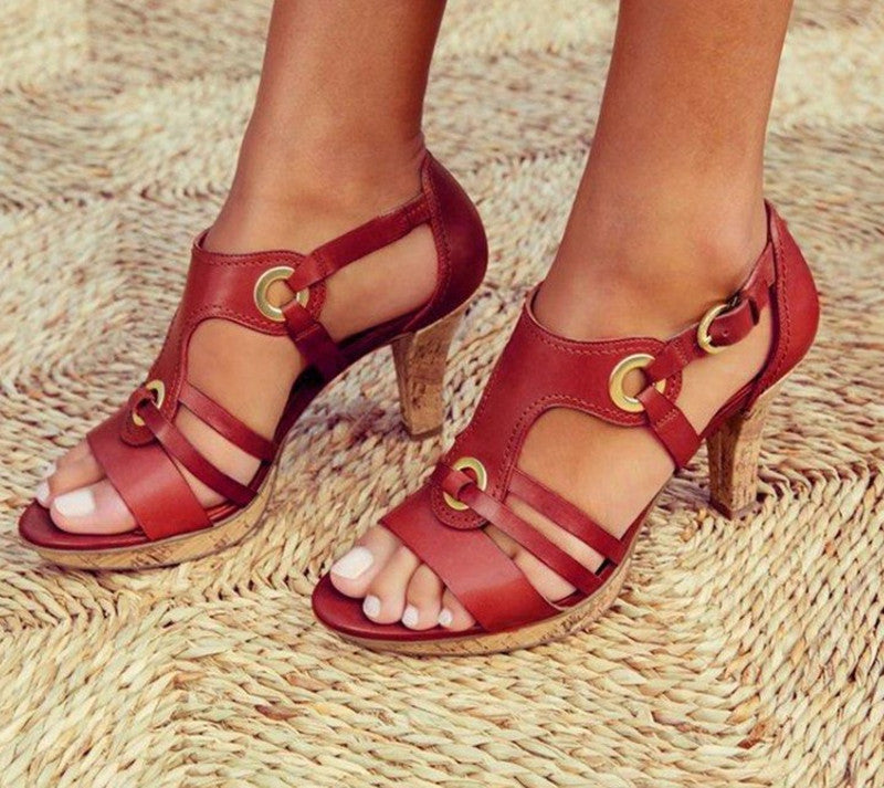 Fashion High Heel Leather Stitching Sandals