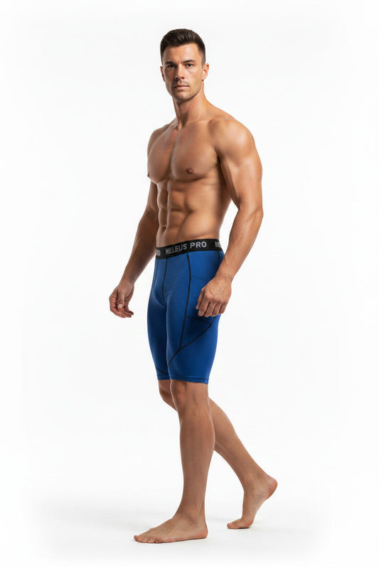 A man wearing a fitness leggings in blue, featuring a pocket on the side.
