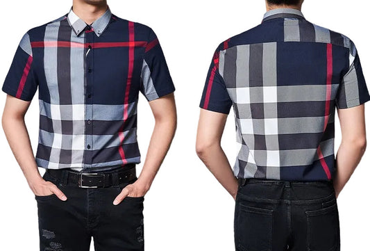 Plaid shirt with red and gray pattern worn by a person, shown from front and back on a plain background.