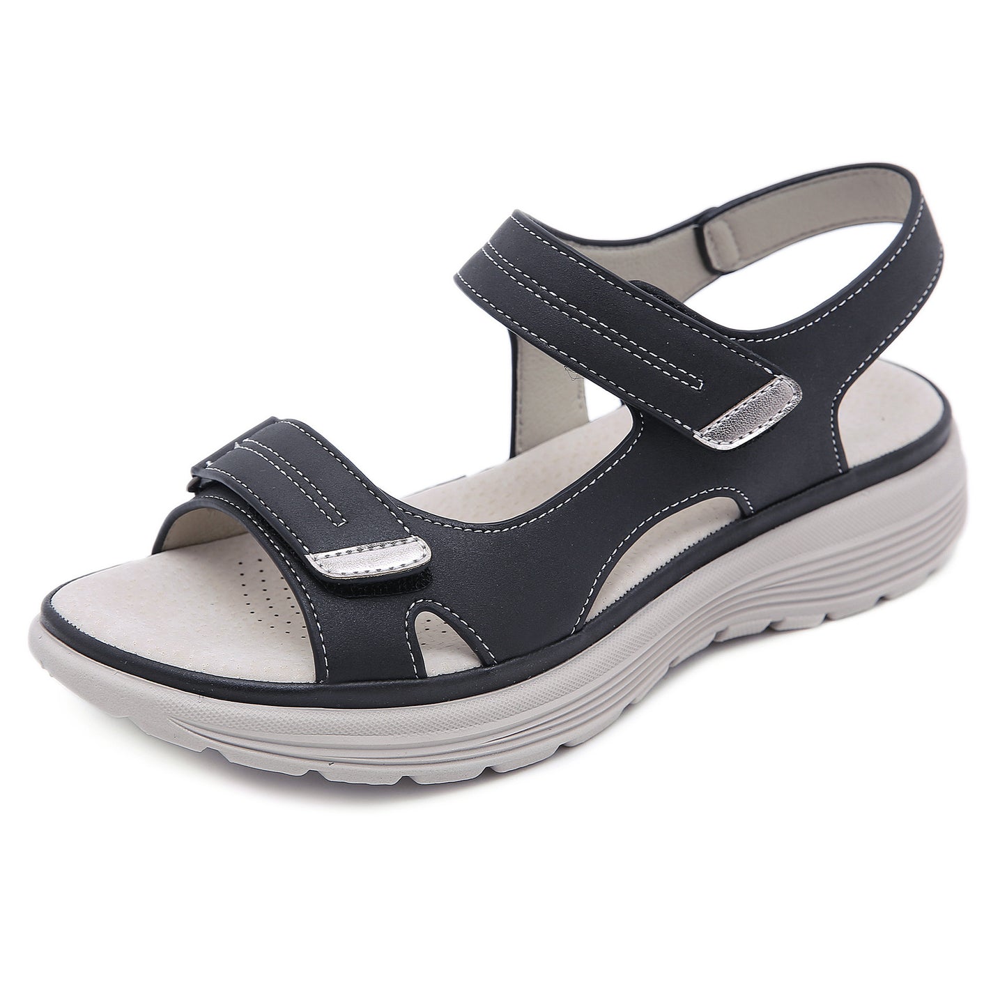 Wedge Heel Leather Velcro Sandals