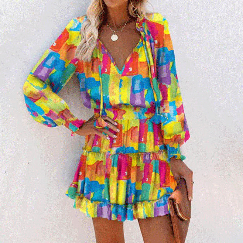 Patchwork Puff Sleeve Waist Dresses