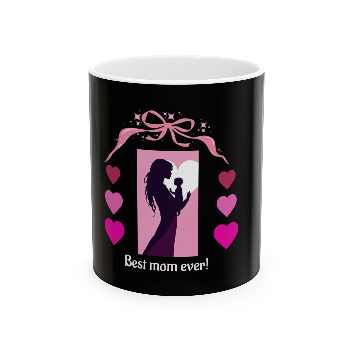 Black mug with a silhouette of a mother and child, hearts, and 'Best mom ever!' text on a white background.